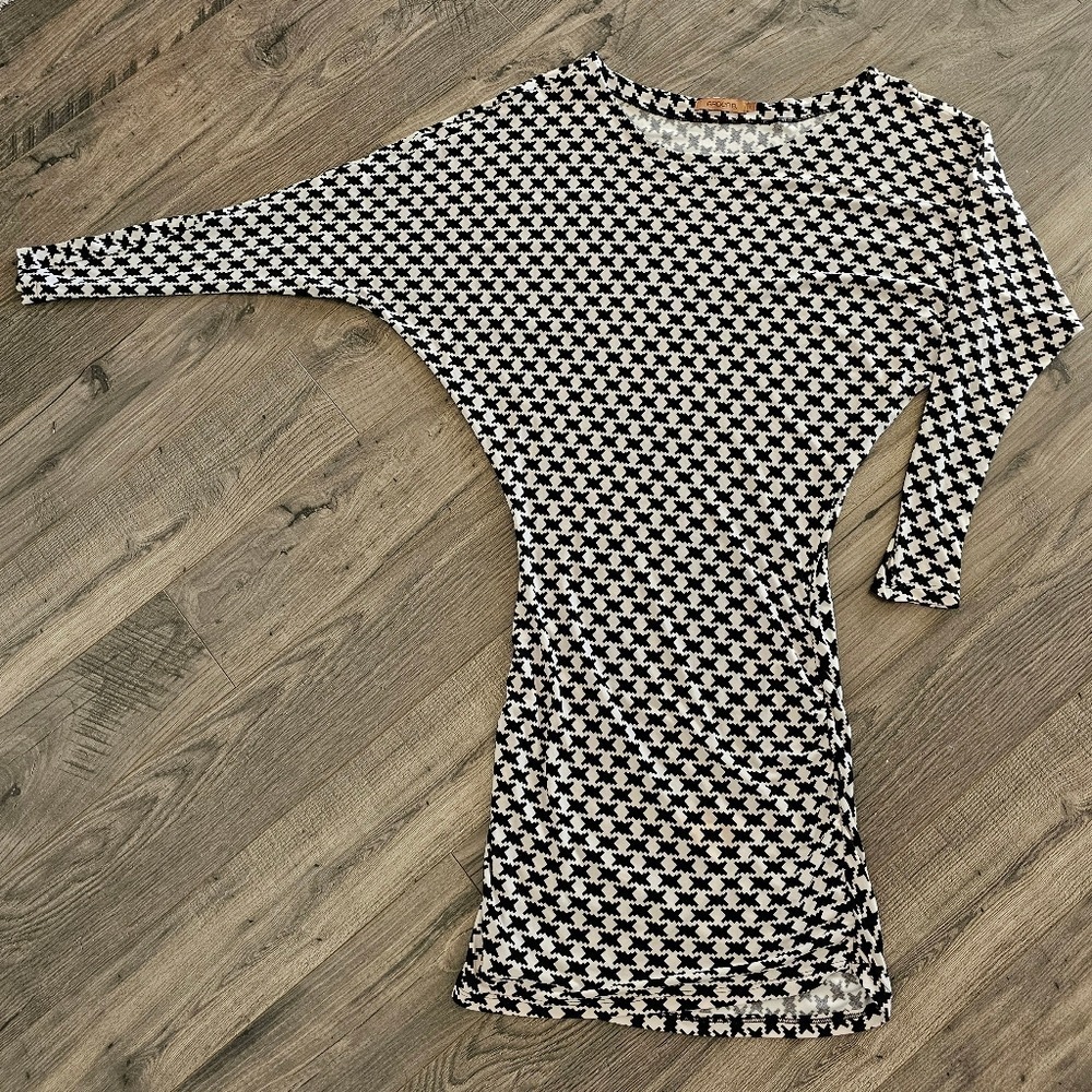 Womens szL Vintage Black White Houndstooth Pattern Long Sleeve Dolman Dress Fall